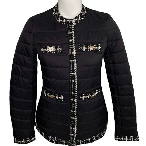 Anne Klein Puffer Jacket Women's XS Black White Tweed‎ Contrast-Trim Buttons NEW - Picture 1 of 15